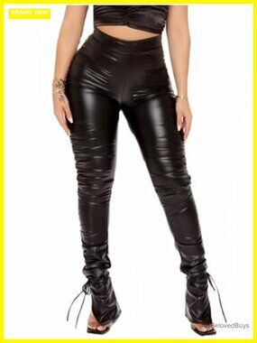 Faux Leather High Waisted Stacked Leggings with Side Splits